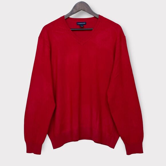 Lands' End Tight-Knit Sweater Men's Size XL Red V-Neck Pullover Long-Sleeves‎ - Picture 1 of 12